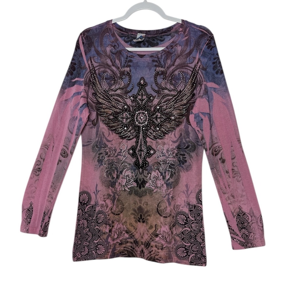 Rouge Top Women's 2X‎ Plus Rhinestone Embellished Cross y2K Rock Flower Stretch